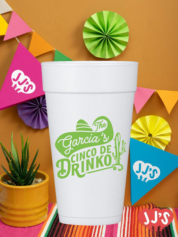 Cinco de Drinko Fiesta Custom Foam Cups - JJ's Party House: Custom Party Favors, Napkins & Cups