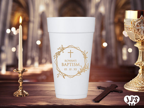 Cross and Wreath Baptism Custom Foam Cups - JJ's Party House: Custom Party Favors, Napkins & Cups