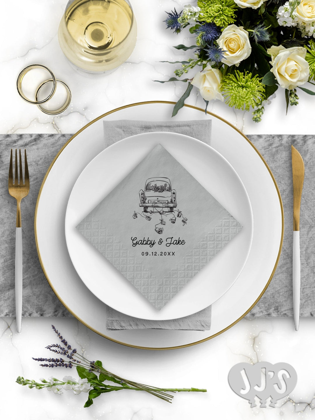 Just Married Vintage Wedding Car Hand Drawn Wedding Napkins - JJ's Party House