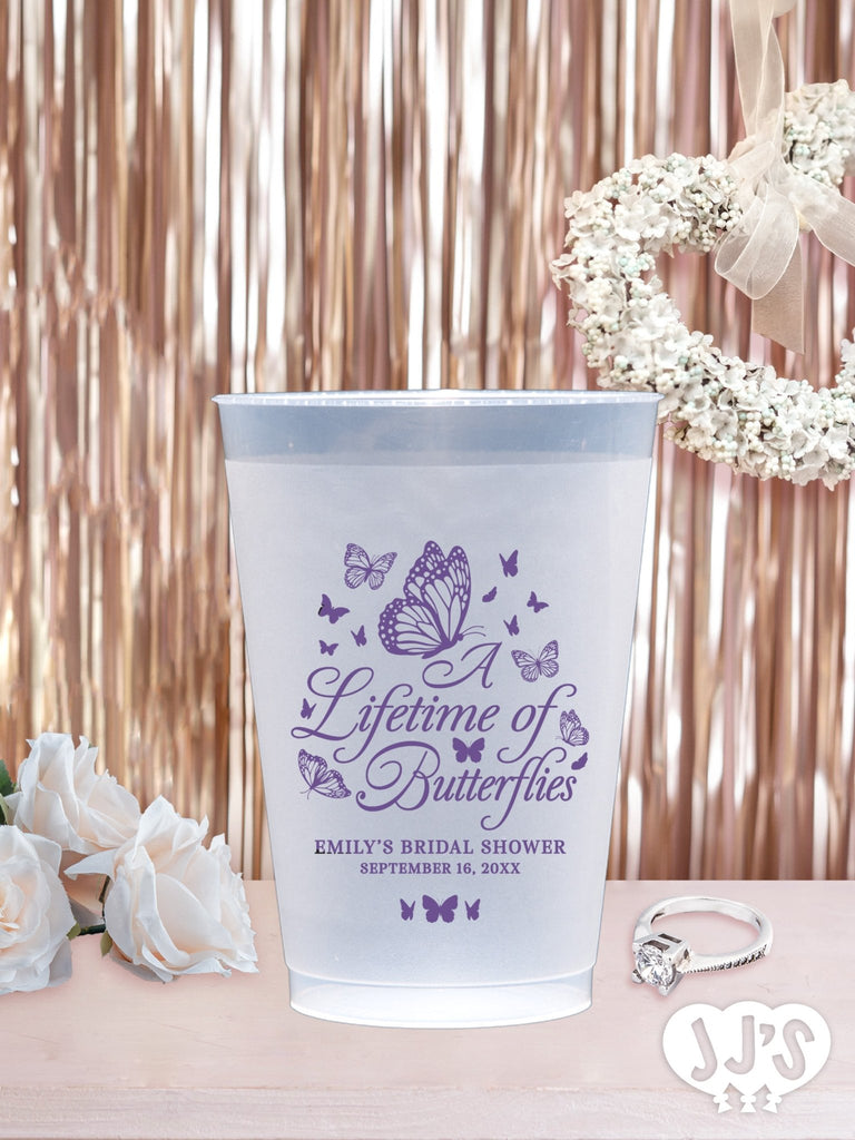 A Lifetime of Butterflies Bridal Shower Personalized Frosted Plastic Cups - JJ's Party House