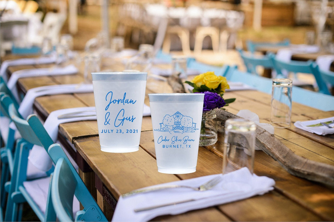 Rustic Wedding Design Frosted Shatterproof Personalized Wedding Plastic Cups - JJ's Party House