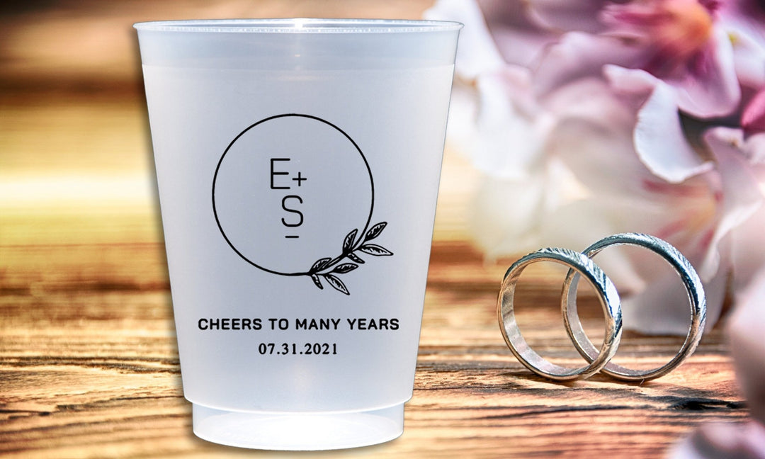 Simple Monogram with Circle Foliage Logo Custom Printed Wedding Frosted Flex Shatterproof Cups - JJ's Party House
