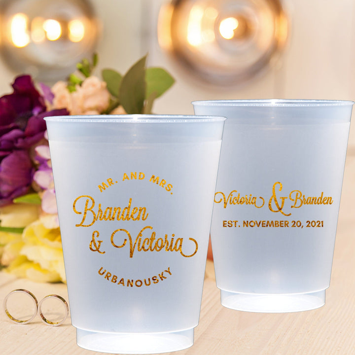 Wedding Script Wedding Design Frosted Shatterproof Personalized Wedding Plastic Cups - JJ's Party House