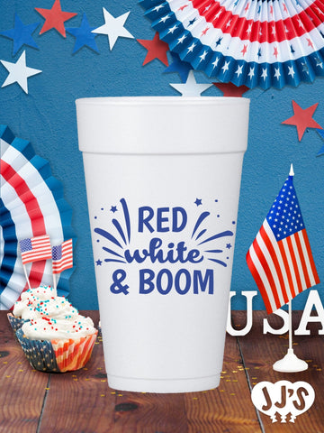 4th of July Custom Foam Cups - Red White and Boom - JJ's Party House: Custom Party Favors, Napkins & Cups