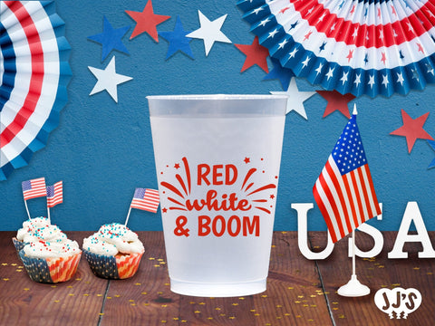 4th of July Custom Frosted Cups - Red White and Boom - JJ's Party House: Custom Party Favors, Napkins & Cups