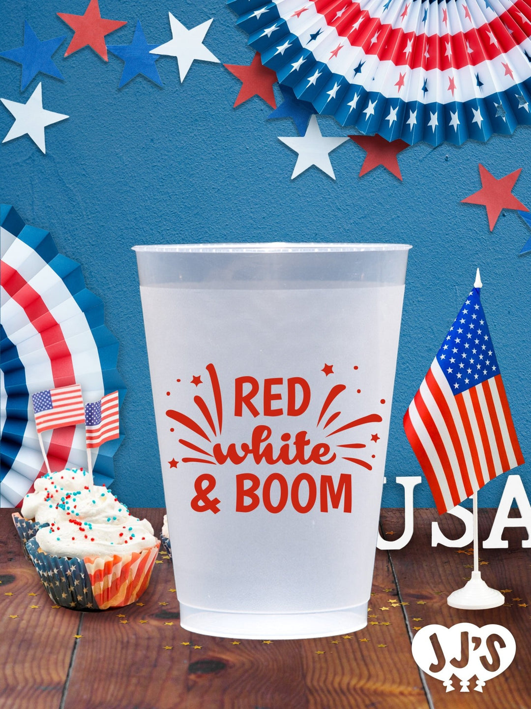 4th of July Custom Frosted Cups - Red White and Boom - JJ's Party House: Custom Party Favors, Napkins & Cups