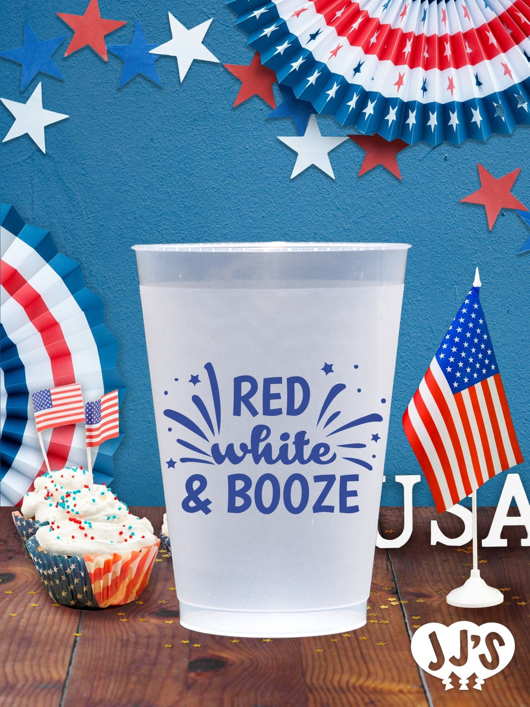 4th of July Custom Frosted Cups - Red White and Booze - JJ's Party House: Custom Party Favors, Napkins & Cups