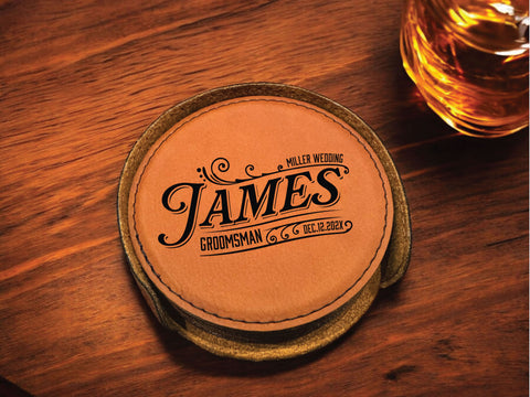 The James Personalized Round Leather Coaster Set 6pc