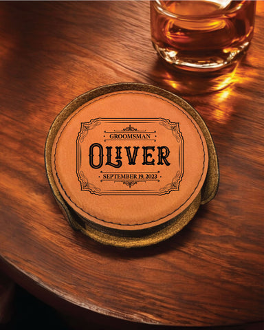 The Oliver Personalized Round Leather Coaster Set 6pc