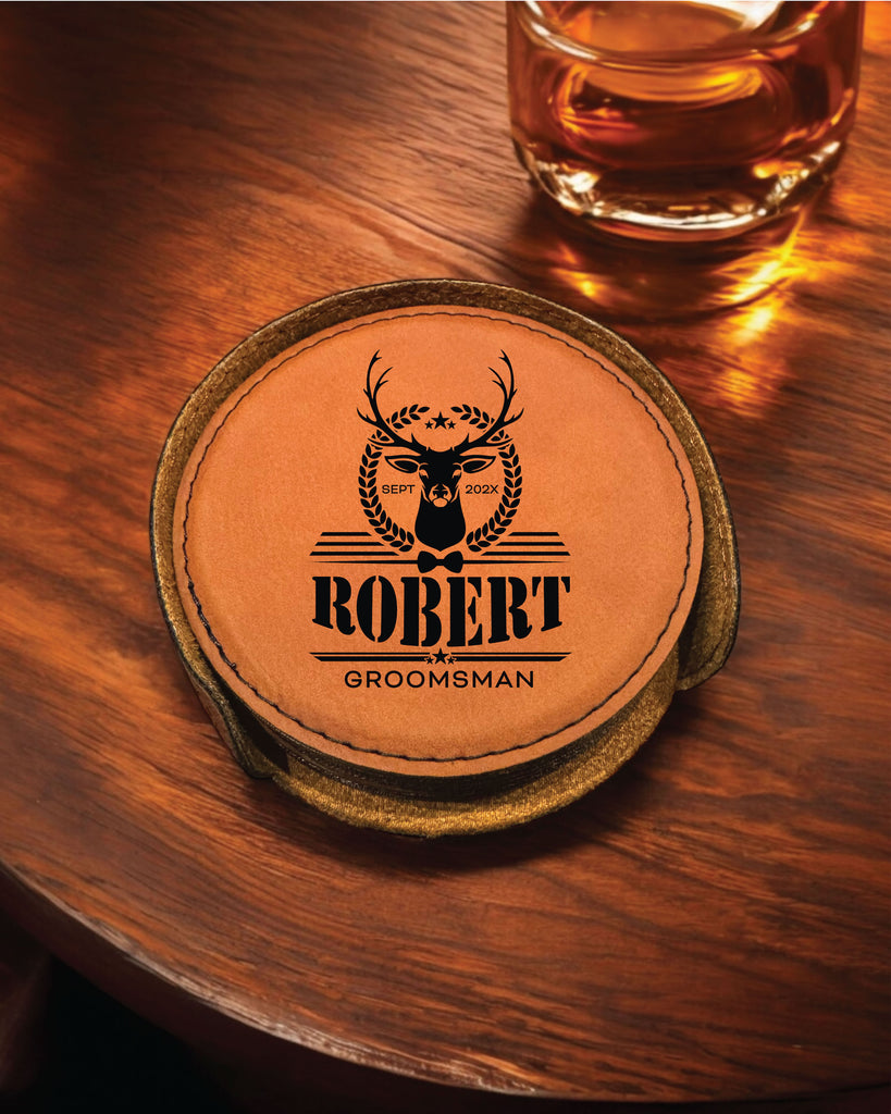 The Robert Personalized Round Leather Coaster Set 6pc