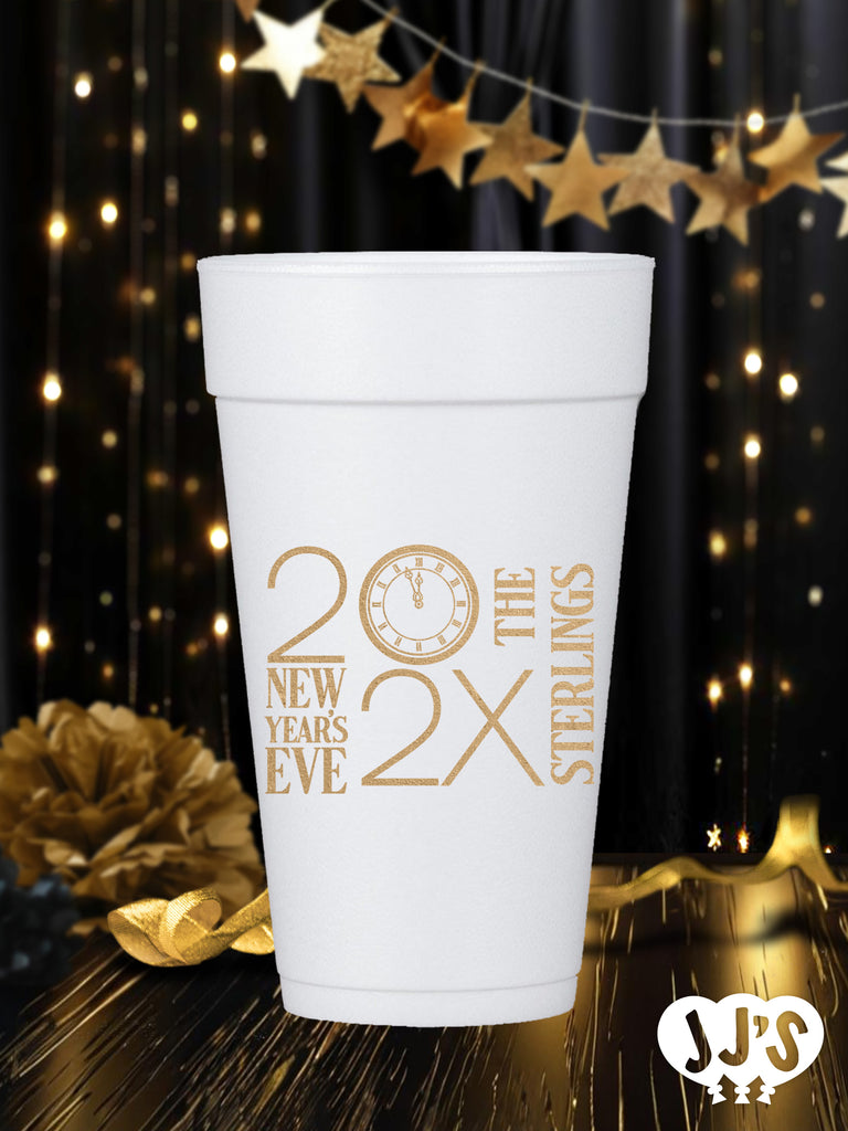 Family New Year's Eve Clock Party Personalized Styrofoam Cups