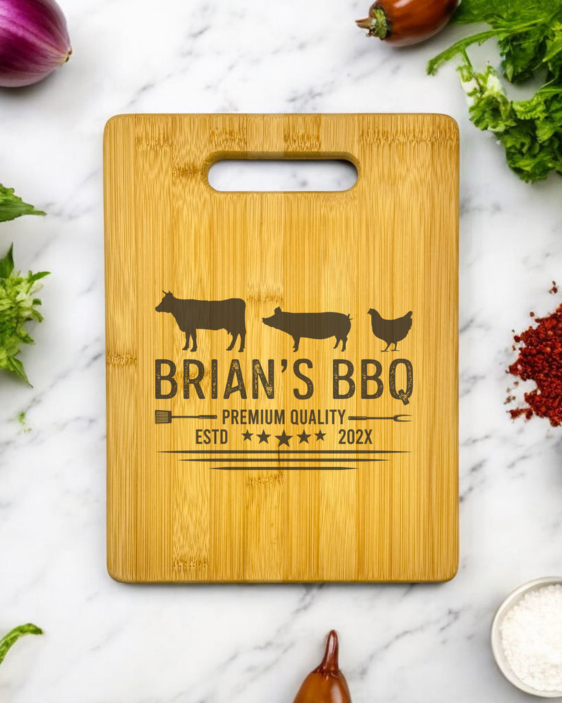 A personalized bamboo cutting board with a BBQ-themed design or custom message.