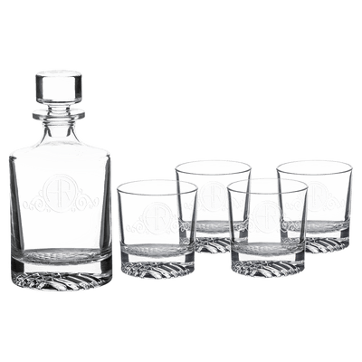 Round Glass Decanter Set w/ Four Glasses