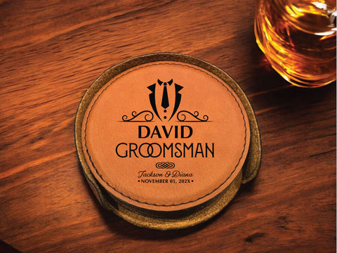 The David Personalized Round Leather Coaster Set 6pc