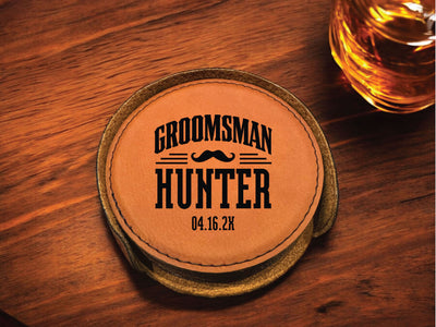 The Hunter Personalized Round Leather Coaster Set 6pc