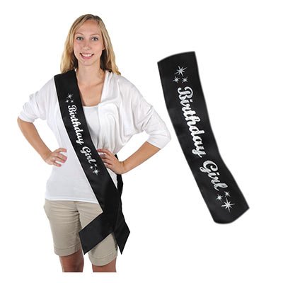 Black Glittered Birthday Girl Satin Sash - JJ's Party House