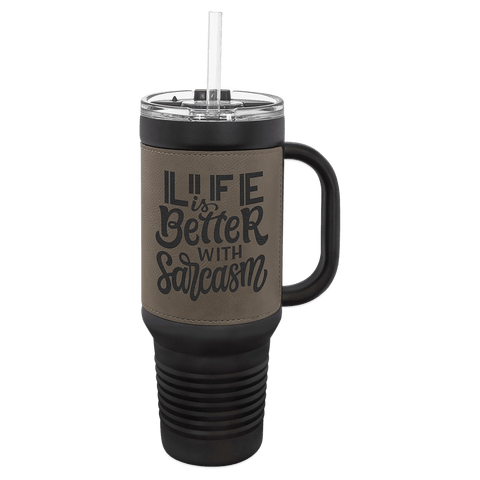 Black with Gray Leatherette 40oz Travel Mug - JJ's Party House McAllen, TX