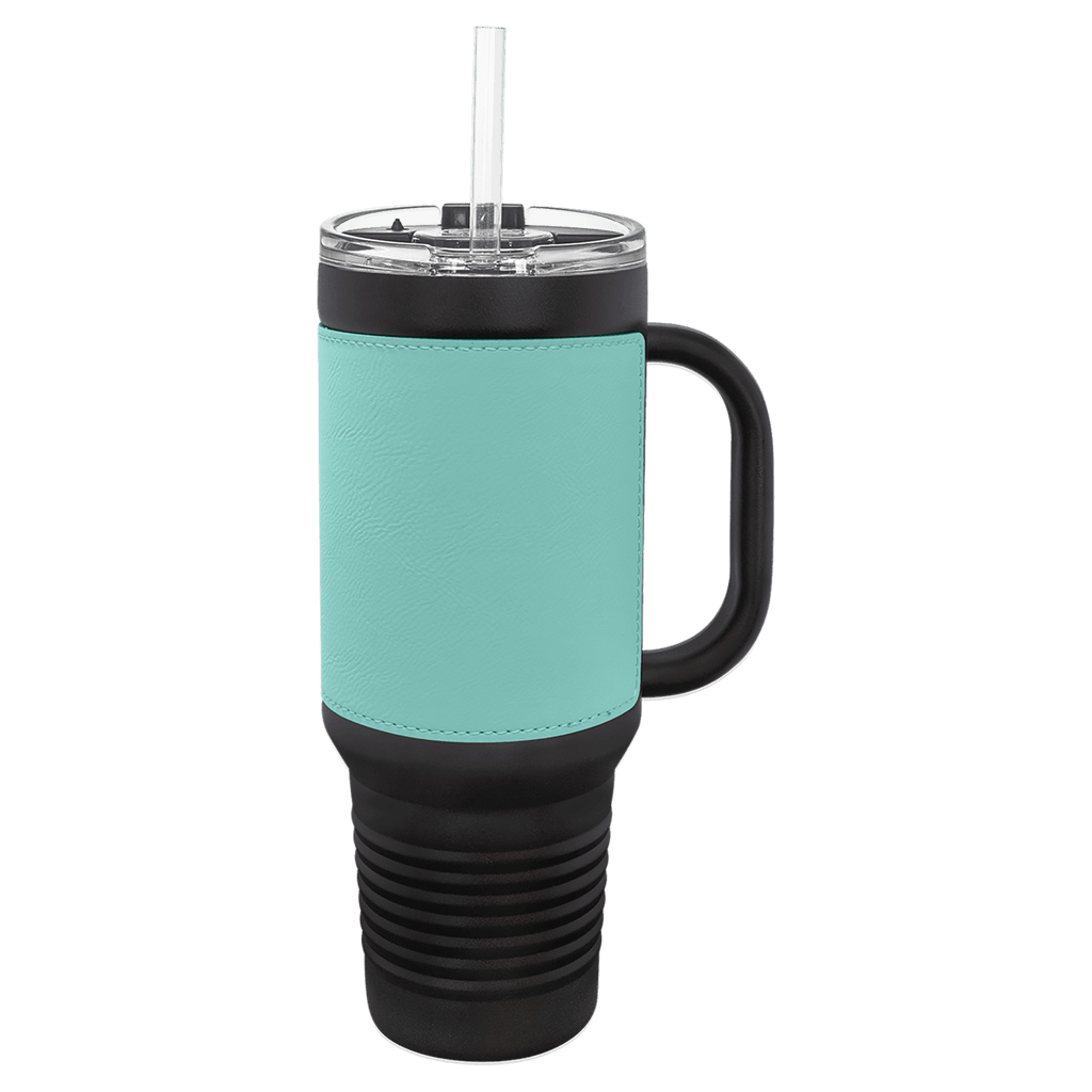Black with Teal Leatherette Travel Mug - JJ's Party House McAllen, TX