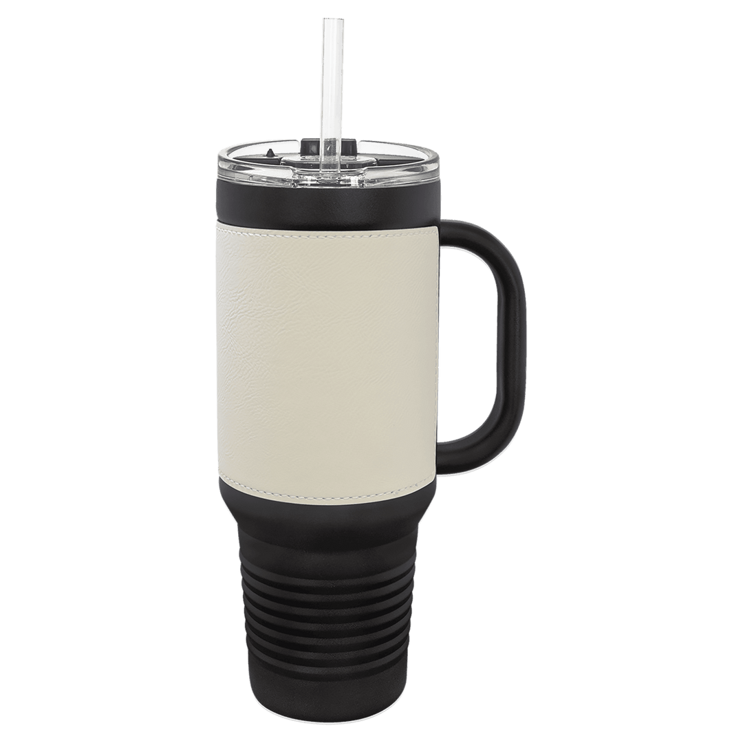 Black with White Leatherette 40oz Travel Mug - JJ's Party House McAllen, TX