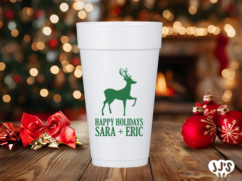 A close-up of a custom foam cup with a reindeer design