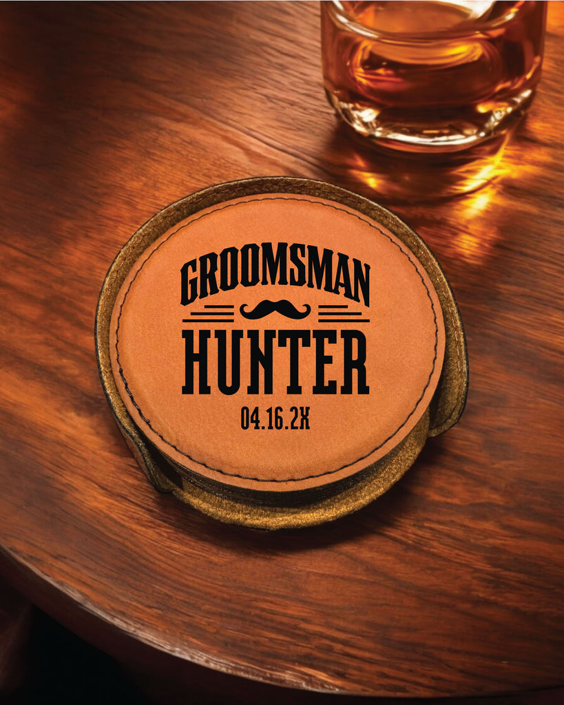 The Hunter Personalized Round Leather Coaster Set 6pc