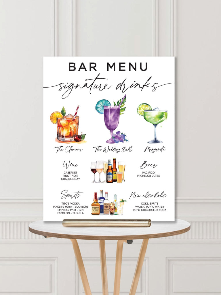 Classic Water Color Wedding Bar Sign with Signature Drinks - JJ's Party House: Custom Party Favors, Napkins & Cups