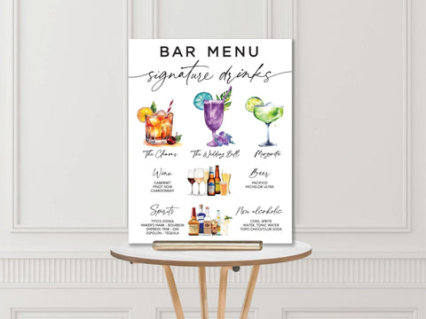 Classic Water Color Wedding Bar Sign with Signature Drinks - JJ's Party House: Custom Party Favors, Napkins & Cups