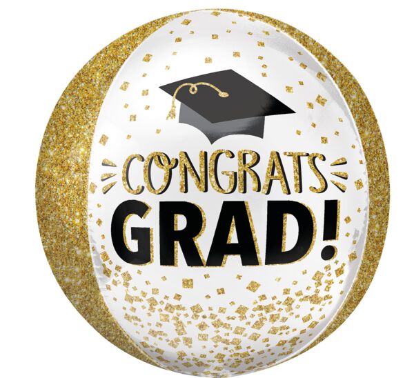 Congrats Grad Gold Glitter Orbz Balloon 16" - JJ's Party House McAllen, TX