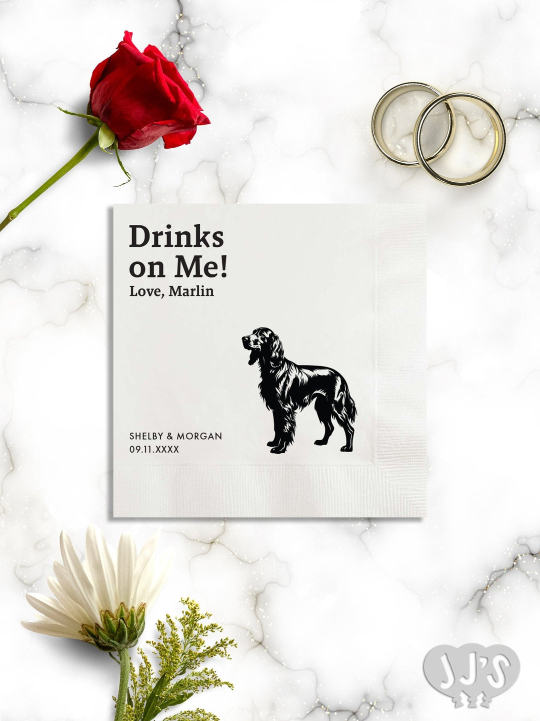 Custom Dog Cocktail Napkins: Drinks on Me Love! Full Body Dog Napkins for Wedding - JJ's Party House: Custom Party Favors, Napkins & Cups