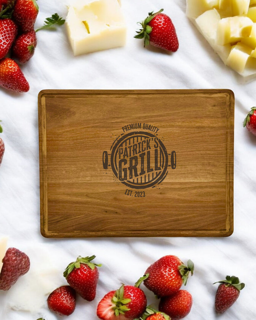 A personalized walnut cutting board with a grill design, perfect for serving grilled food or as a decorative piece.