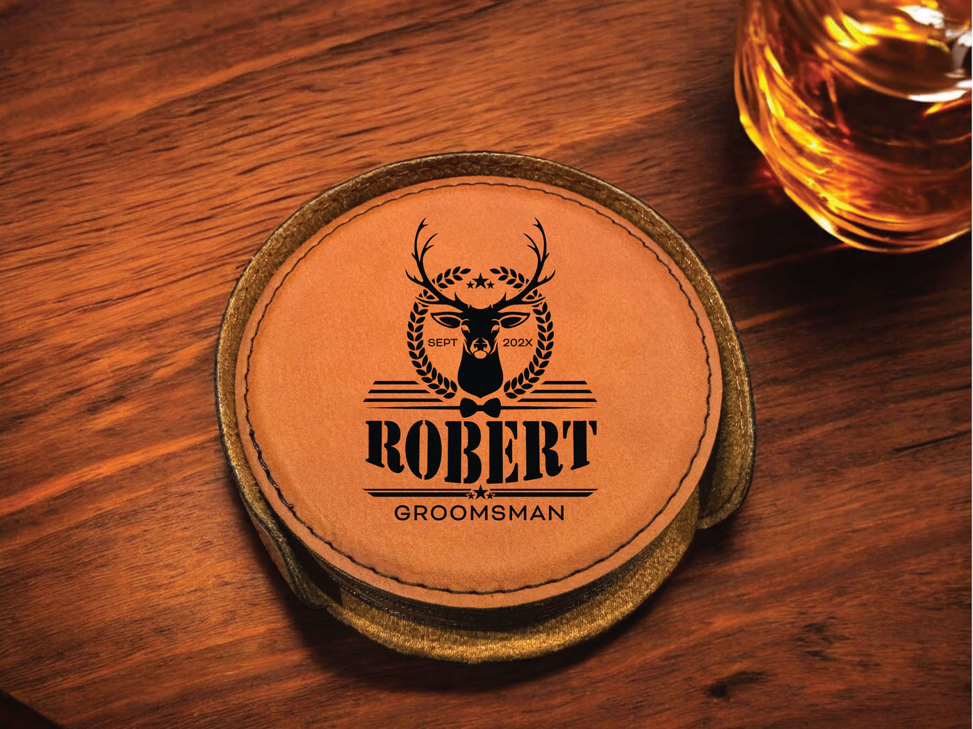 The Robert Personalized Round Leather Coaster Set 6pc