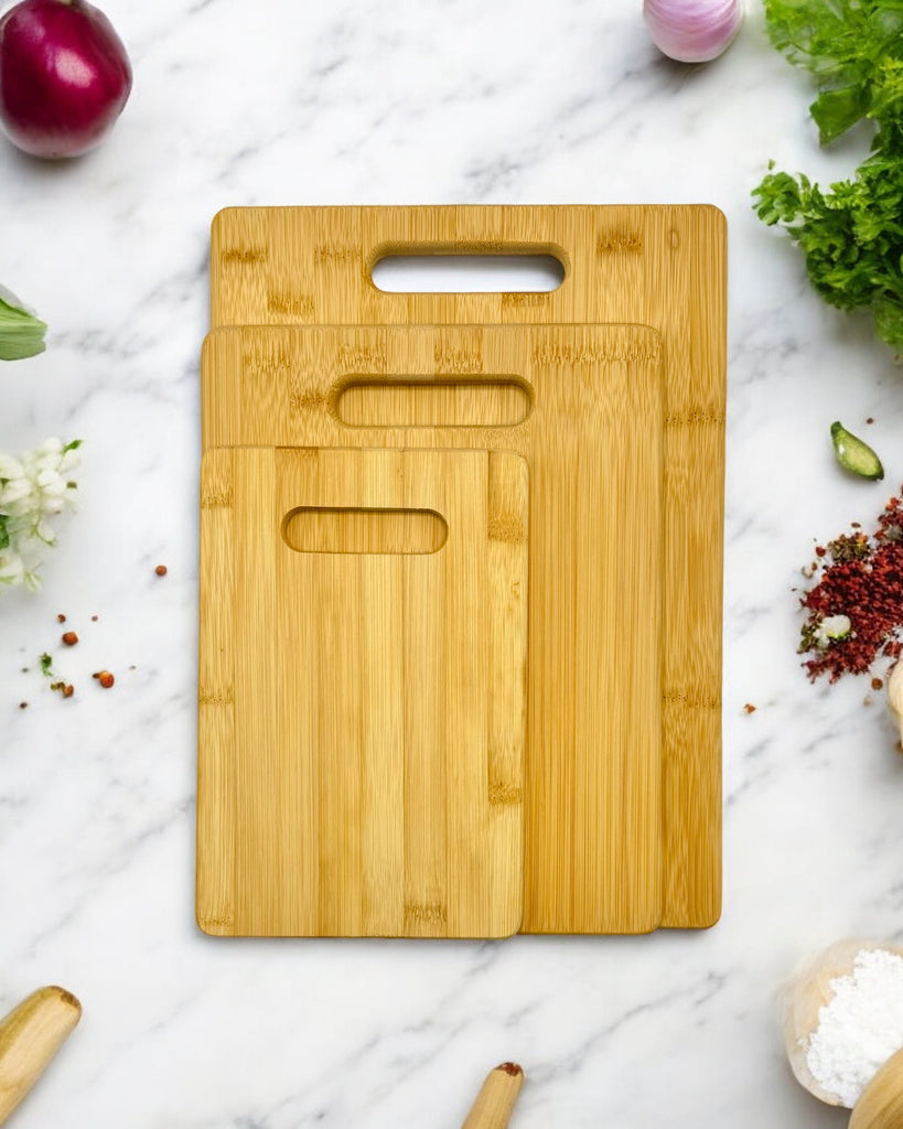 A custom bamboo cutting board with a variety of engraving options, including names, messages, and designs.