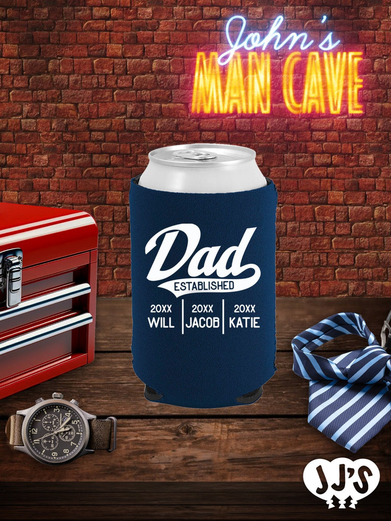 Fathers Day Can Coolers: Dad Established Custom Neoprene Can Coolers - JJ's Party House: Custom Party Favors, Napkins & Cups