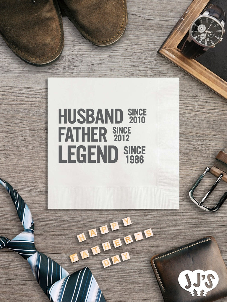 Fathers Day Custom Napkins: Husband Father Legend Personalized Napkins - JJ's Party House: Custom Party Favors, Napkins & Cups