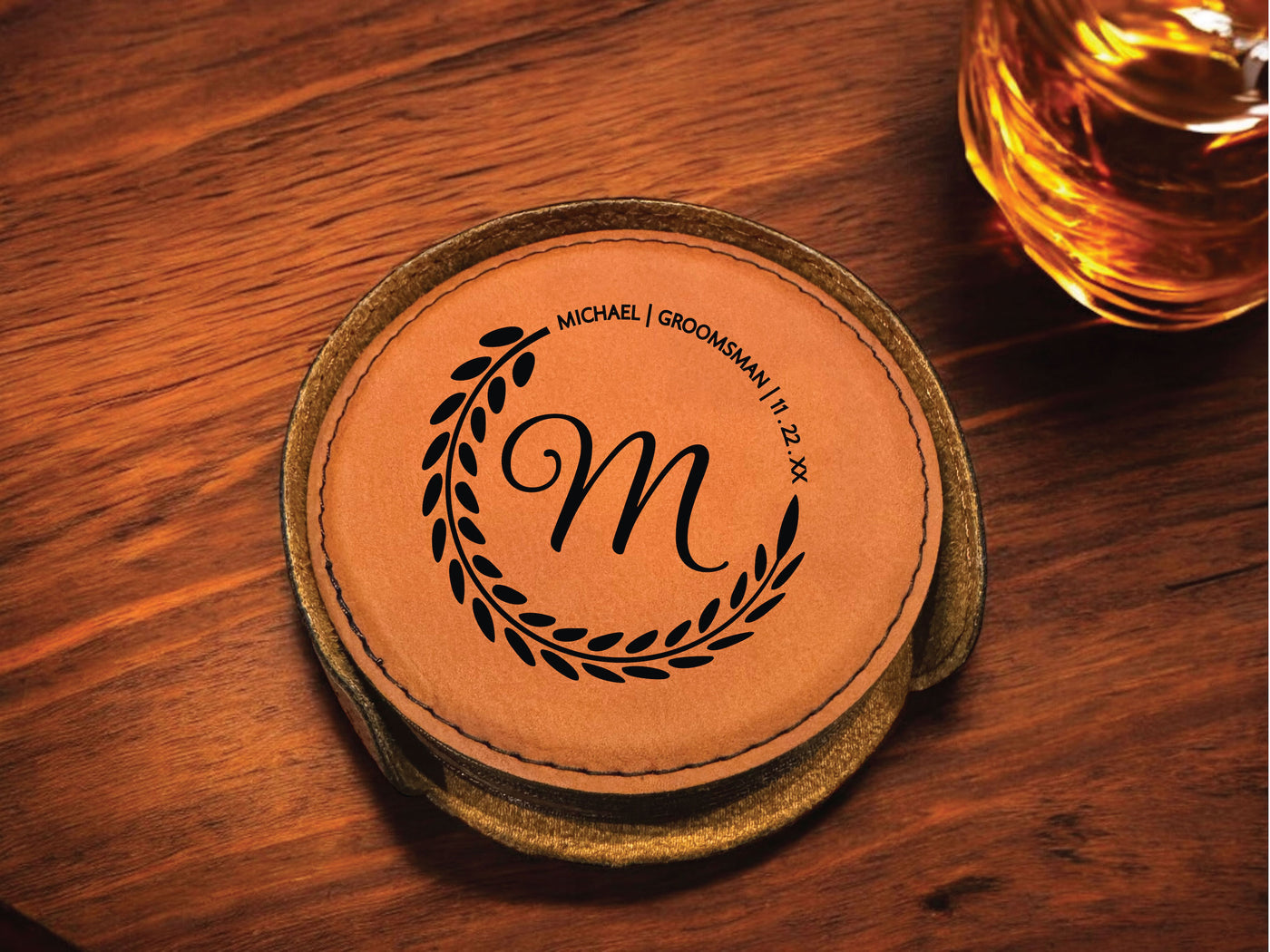 The Monogram Personalized Round Leather Coaster Set 6pc