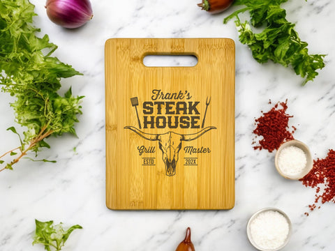 A personalized bamboo cutting board with a custom name or monogram, perfect for cutting, chopping, and serving.