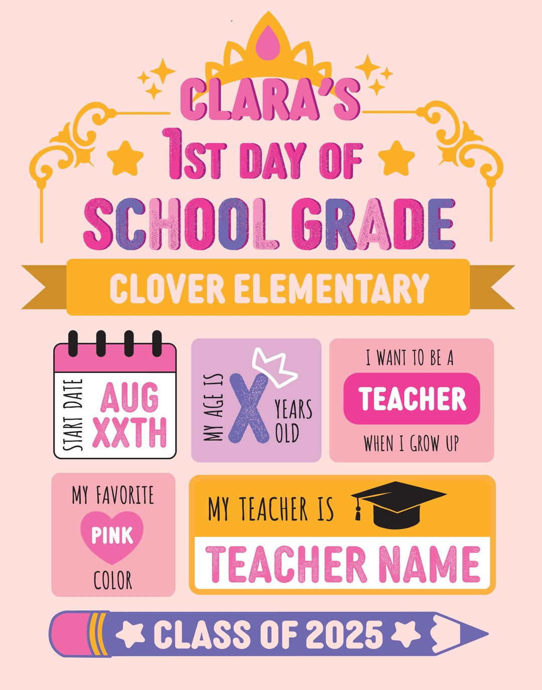 Girls Princess Back To School Sign - First Day of School - JJ's Party House