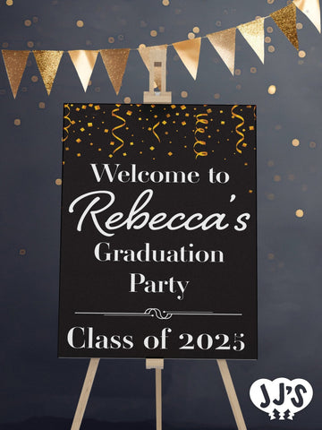 Gold Confetti Celebration Graduation Welecome Sign - JJ's Party House McAllen, TX