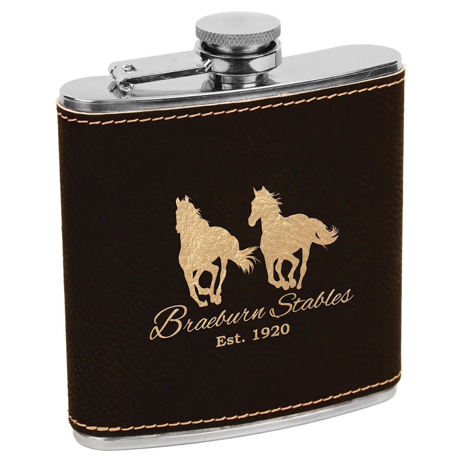 Gold on Black Laserable Leatherette Stainless Steel Flask - JJ's Party House McAllen, TX