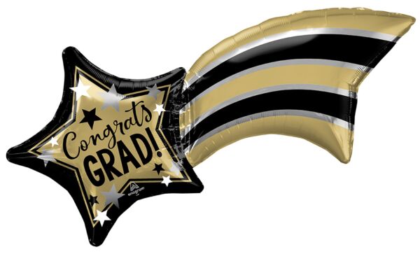 Gold, Silver & Black Grad Shooting Star Jumbo Mylar Balloons 27" - JJ's Party House McAllen, TX