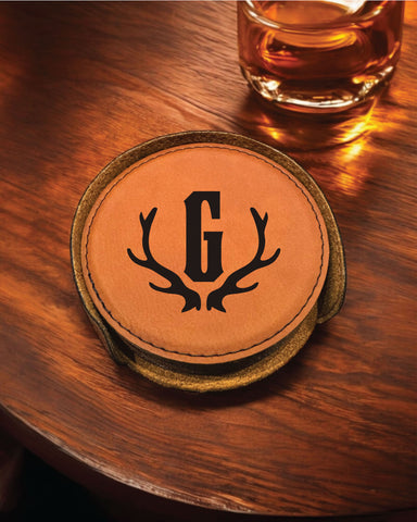 Antler Monogram Personalized Round Leather Coaster Set 6pc