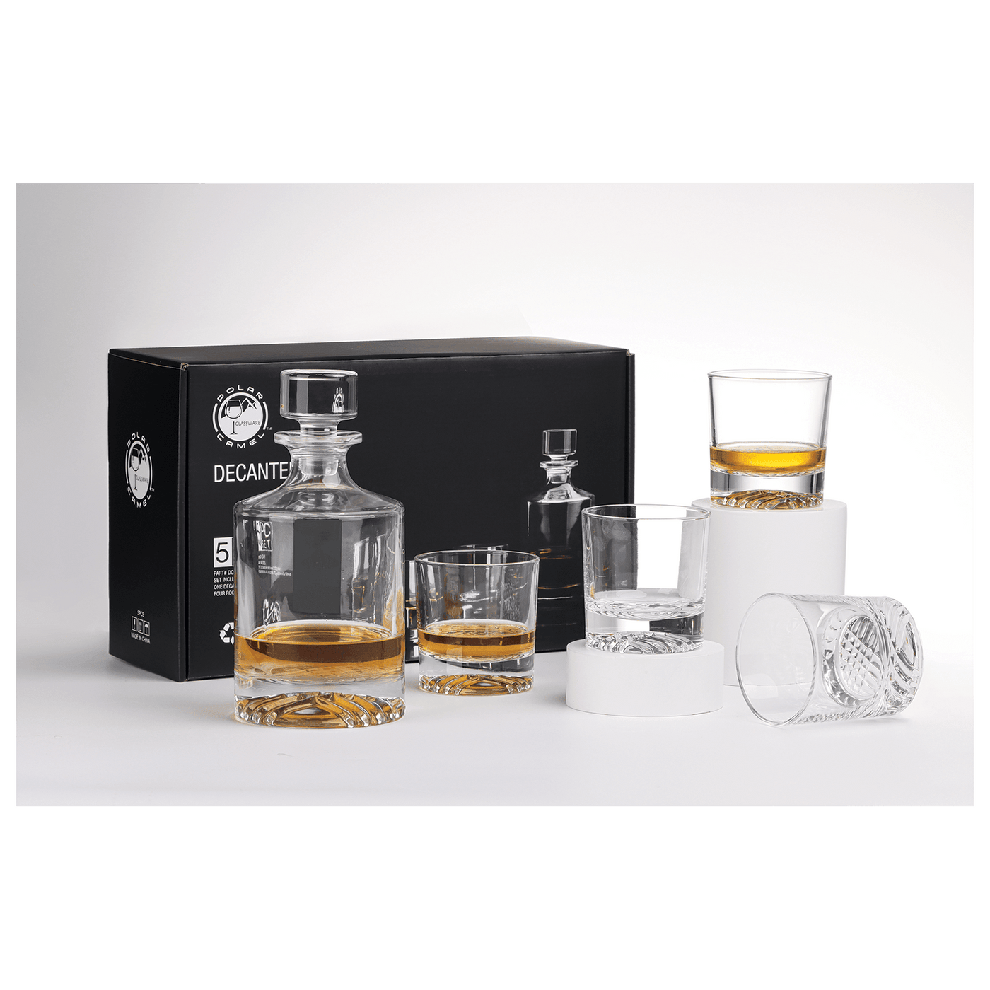 Round Glass Decanter Set w/ Four Glasses