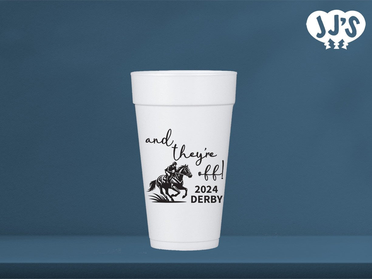 Kentucky Derby Party Cups: And They're Off! 2024 Derby Custom Foam Cups - JJ's Party House: Custom Party Favors, Napkins & Cups