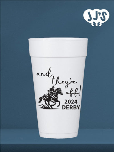 Kentucky Derby Party Cups: And They're Off! 2024 Derby Custom Foam Cups - JJ's Party House: Custom Party Favors, Napkins & Cups