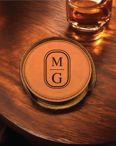 Two Letter Classic Monogram Personalized Round Leather Coaster Set 6pc