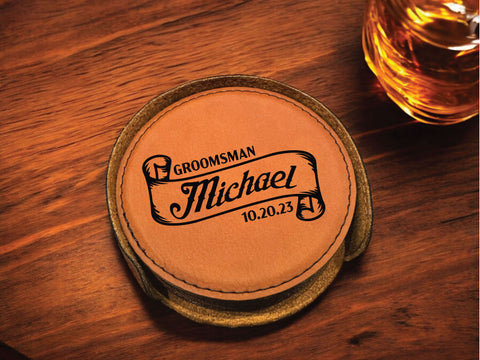 The Michael Personalized Round Leather Coaster Set 6pc