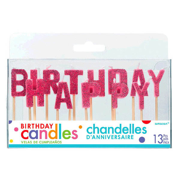 Pink HBD Glitter Pick Candles