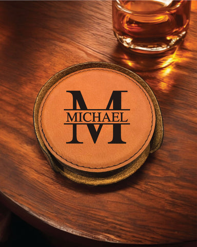 Block Monogram Personalized Round Leather Coaster Set 6pc