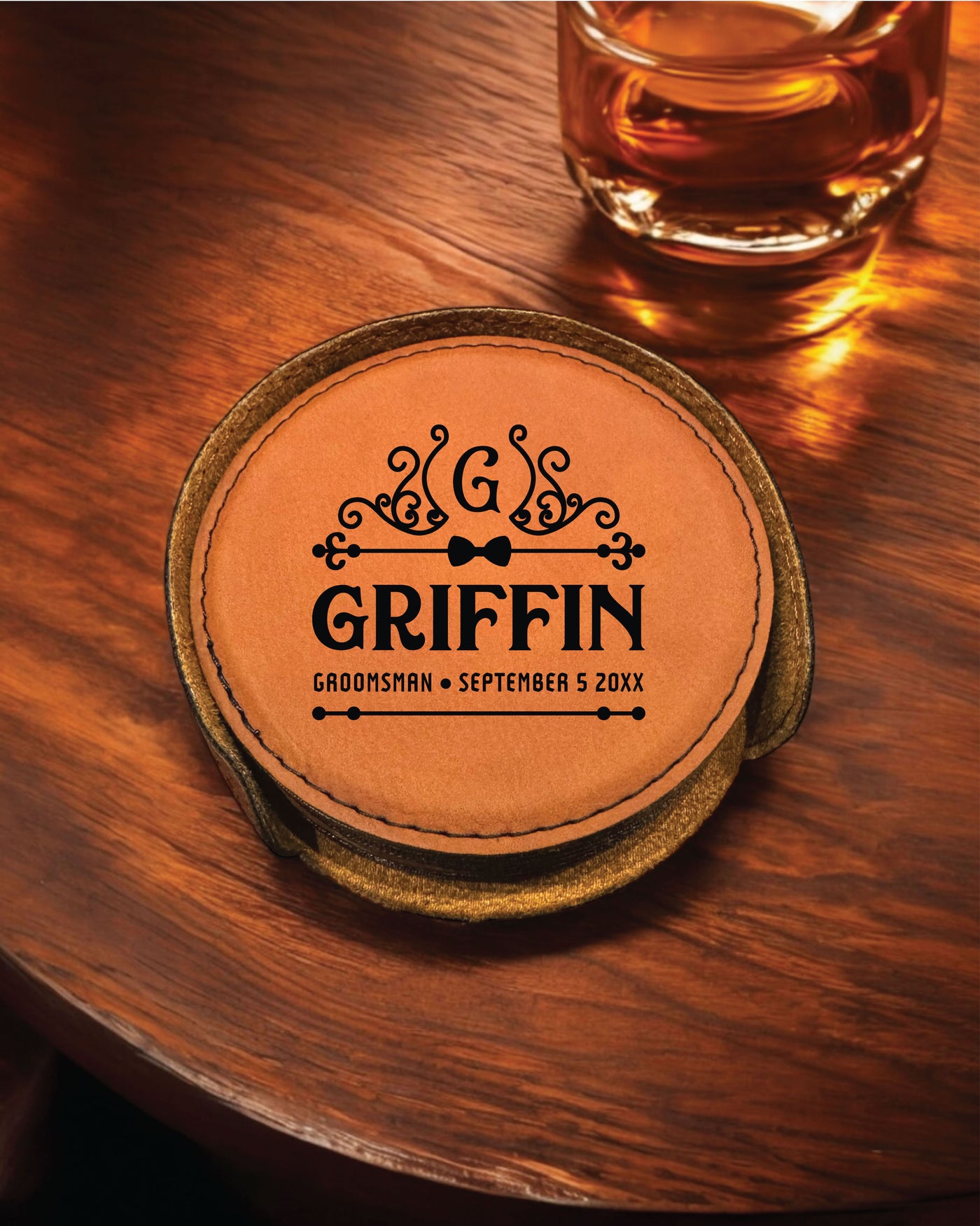 The Griffin Personalized Round Leather Coaster Set 6pc