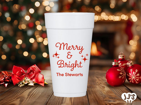 Merry and Bright Christmas Custom Foam Cups - JJ's Party House: Birthday, Balloons & Custom Party Favors